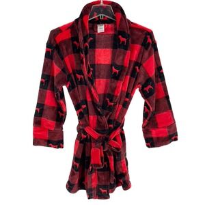 PINK Victoria's Secret Buffalo Red Black Plaid Dog Print Plush Robe‎ M/L
